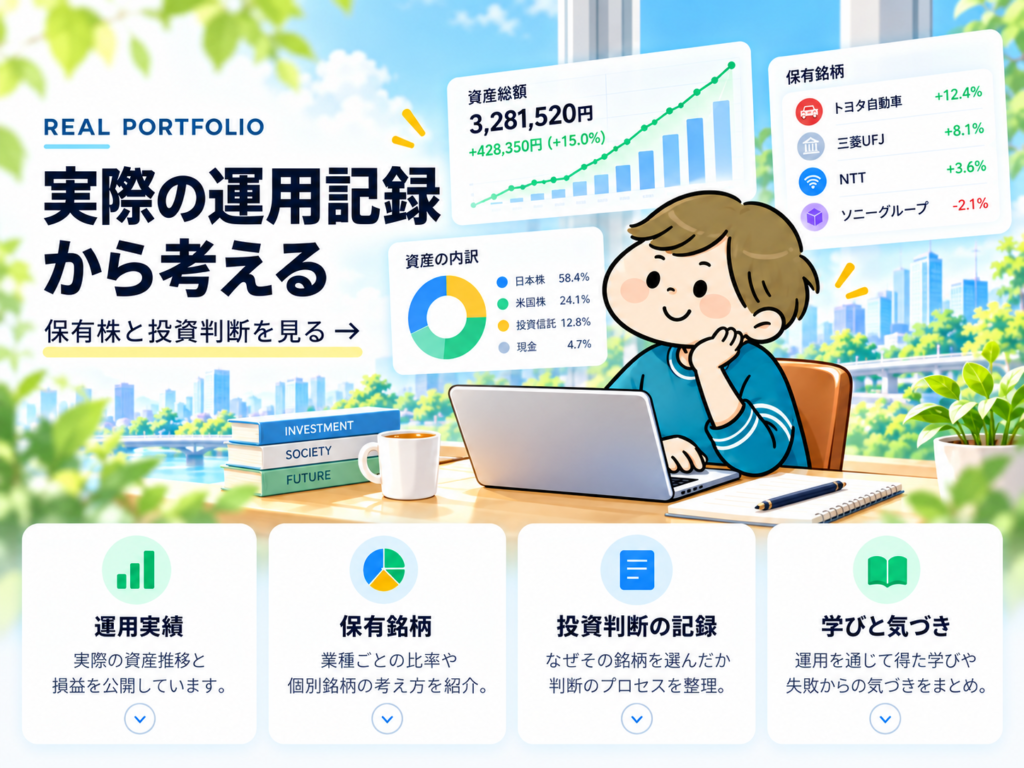 実際の運用記録から考える。運用実績、保有銘柄、投資判断の記録、学びと気づきを紹介するトップページビジュアル