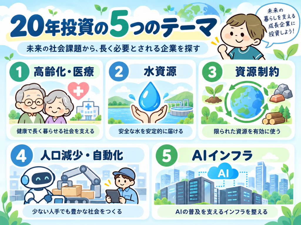 20年投資の5つのテーマを示す図解