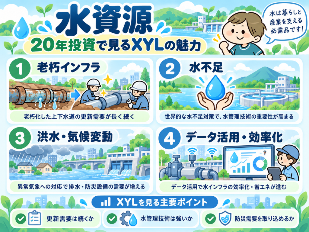 水資源テーマとXylem（XYL）の投資ポイントを示す図解