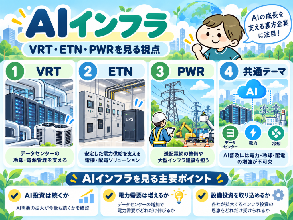 AI社会を支えるVRT・ETN・PWRのインフラ構造を示す図解