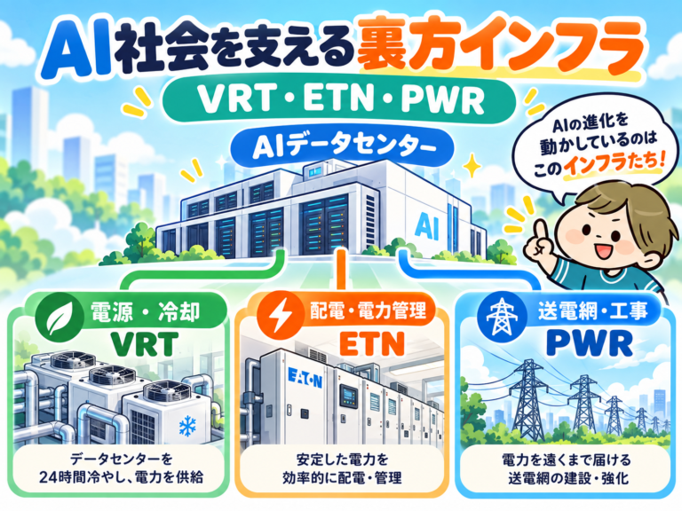 AI社会を支えるVRT・ETN・PWRの電力・冷却・送電インフラを示す2026年版アイキャッチ