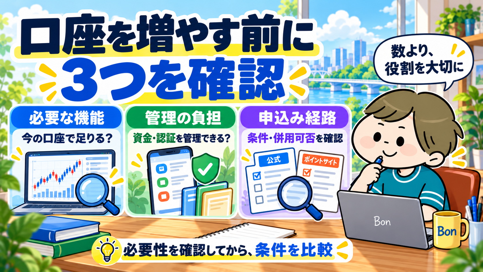 証券口座を増やす前に、必要な機能・管理の負担・申込み経路を確認する図解