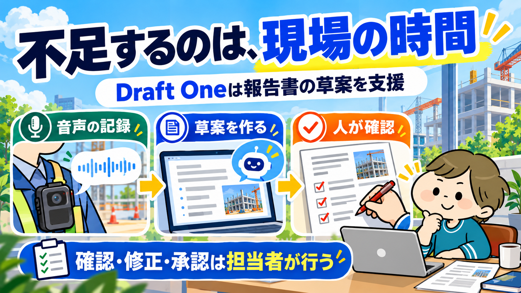 Draft Oneが音声から草案を作り担当者が確認・修正・承認する仕組み