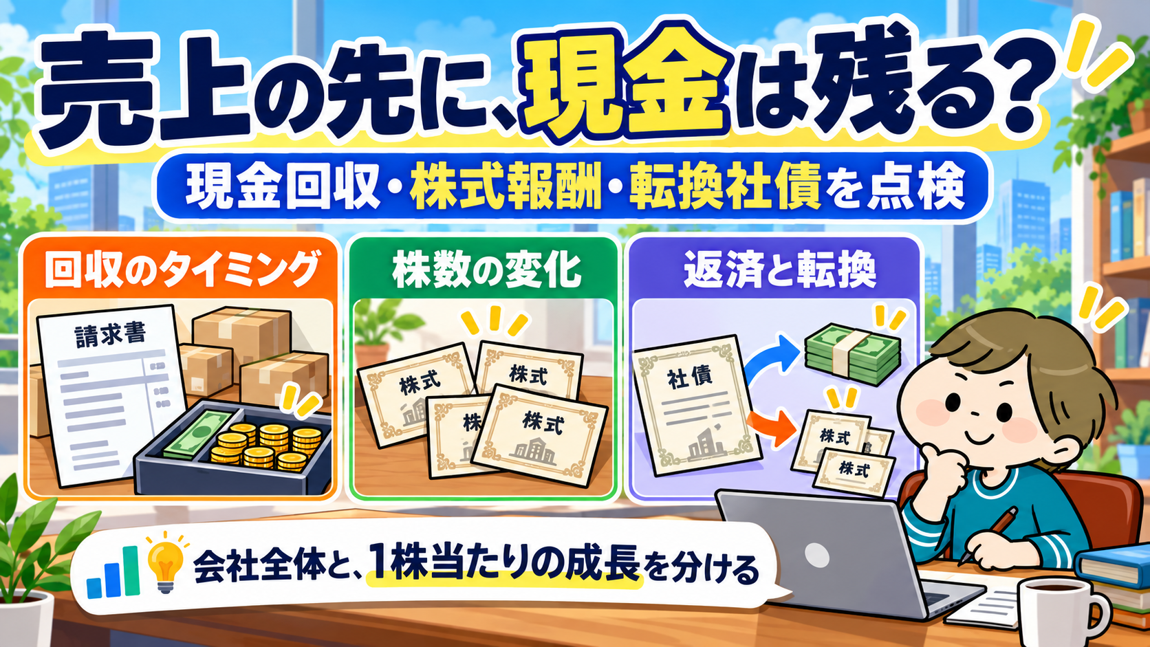 現金回収・株式報酬による株数・転換社債の返済と転換を点検する図