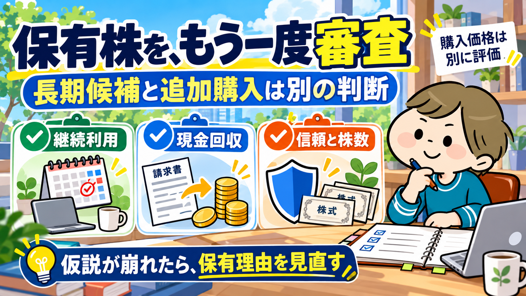 保有株AXONを継続利用・現金回収・信頼と株数で再審査する図