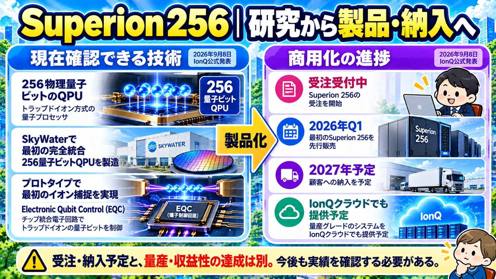 IonQ Superion 256の256物理量子ビットQPUと製品化・顧客納入計画を示す図