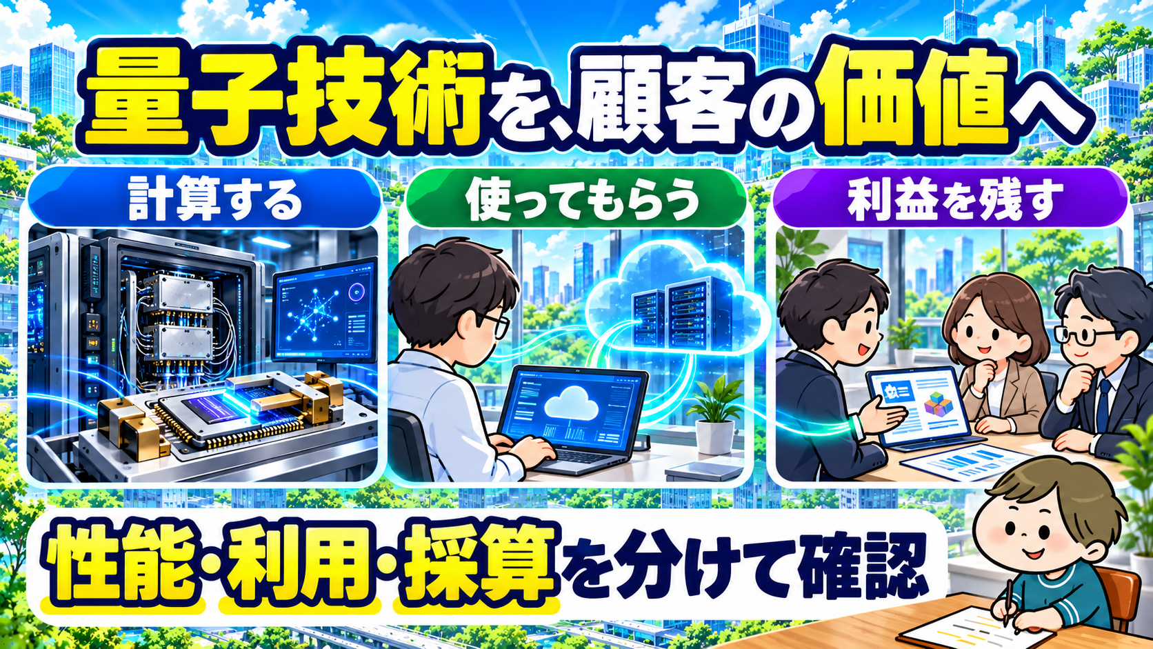 IonQの量子技術、顧客の利用、採算を分けて確認する図