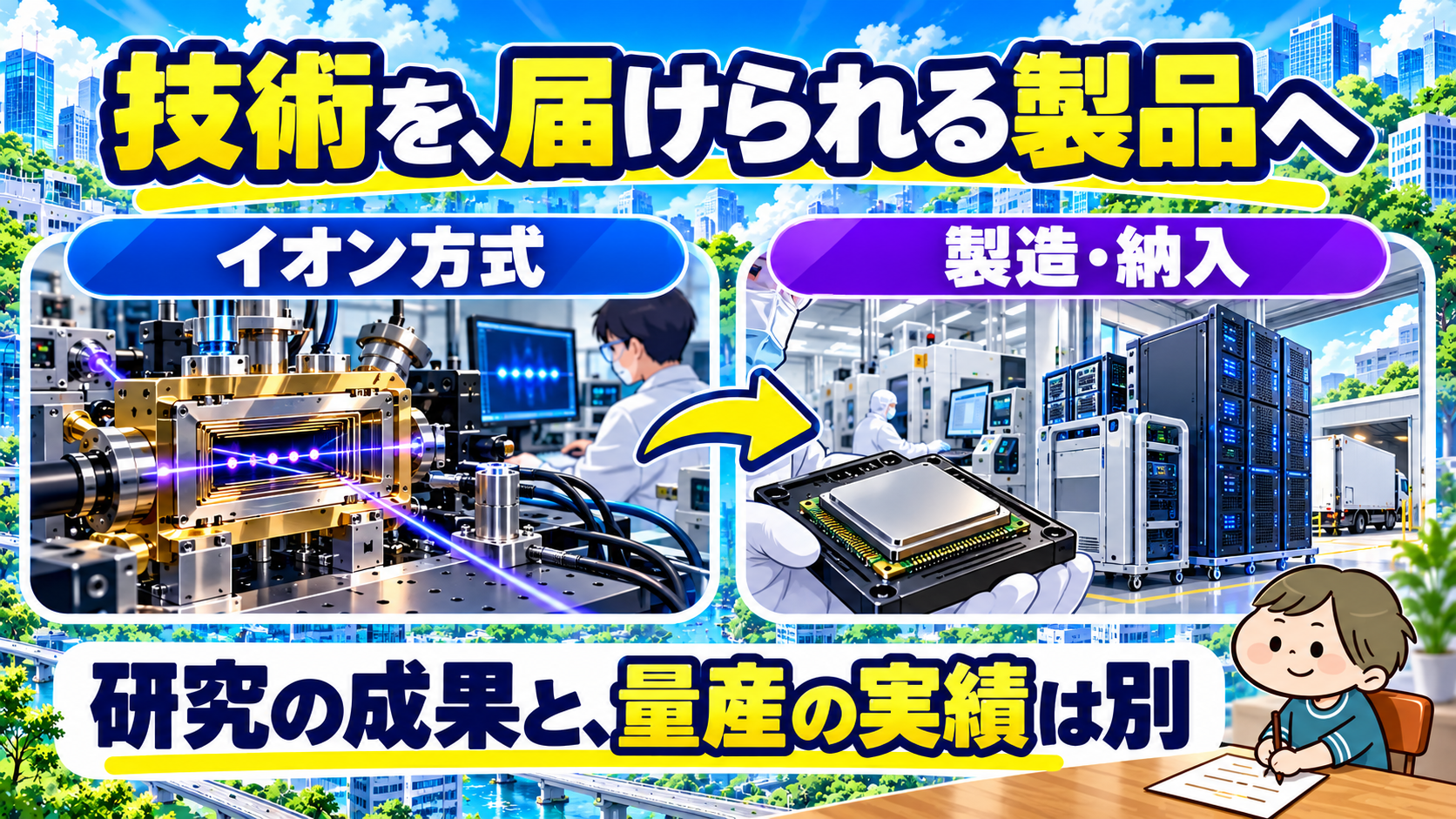 イオン方式の研究成果と、製造・納入の実績を区別する図