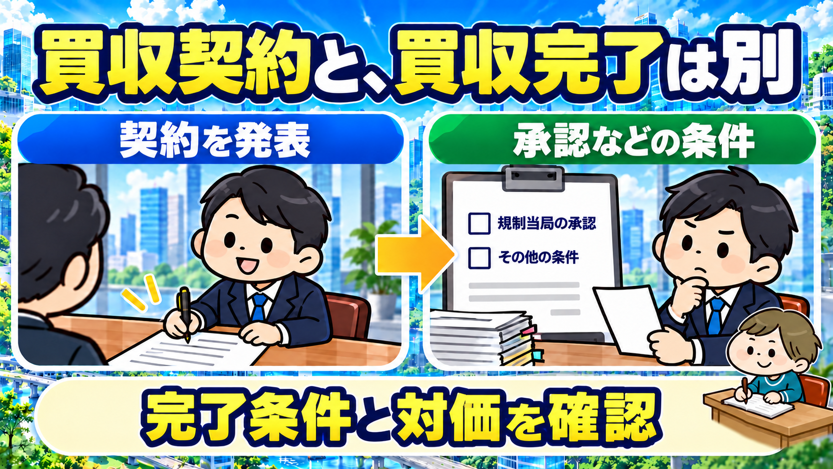 買収契約の発表と規制当局の承認などの完了条件を区別する図