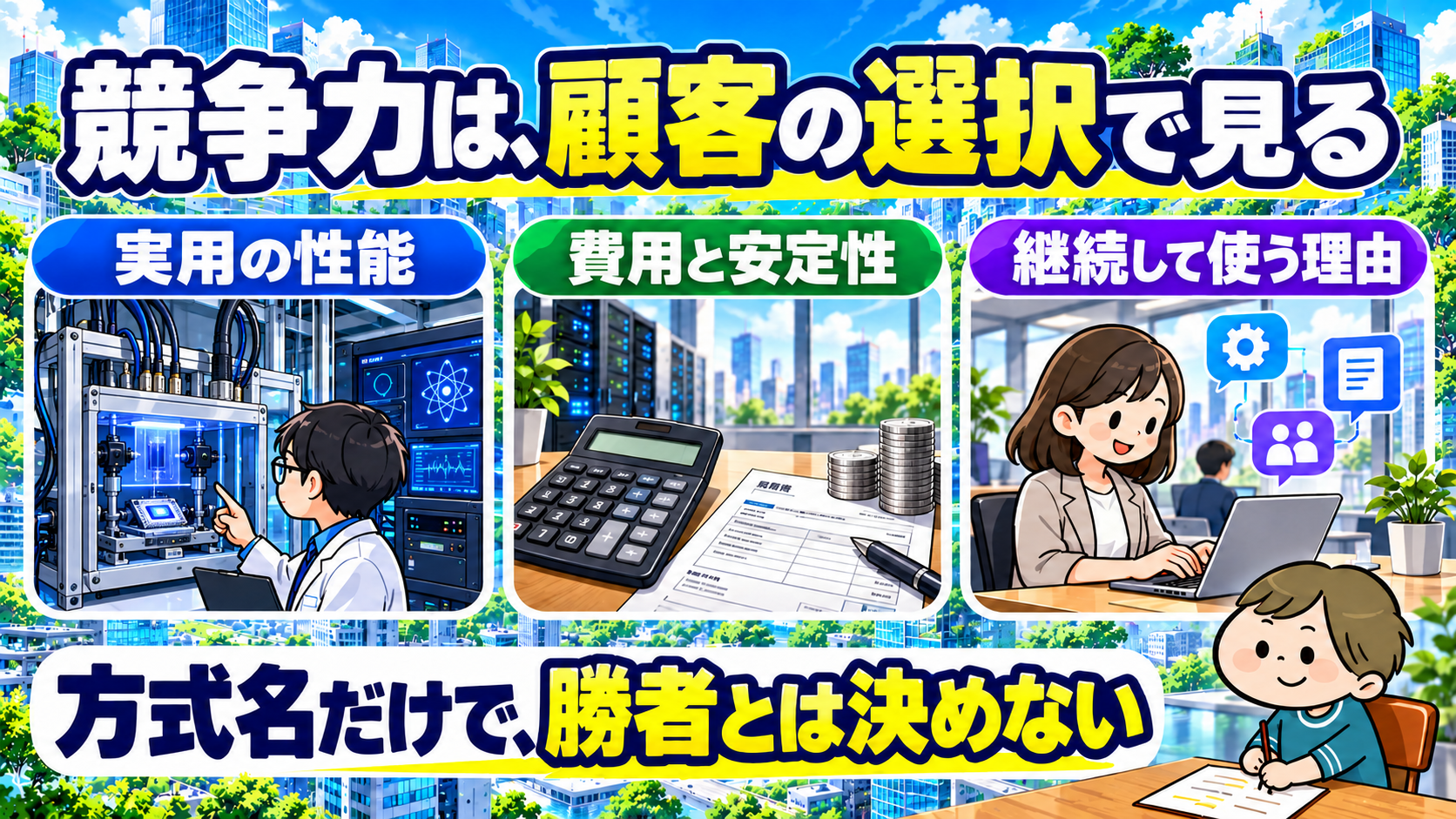 量子計算の実用性能、費用と安定性、継続利用の理由を確認する図