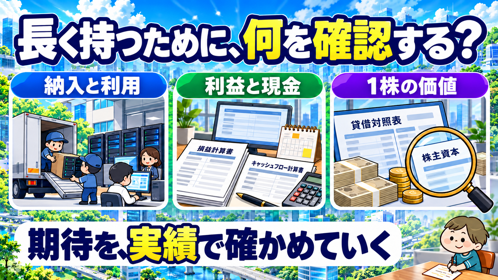 長期投資で納入と利用、利益と現金、1株価値を確認する図
