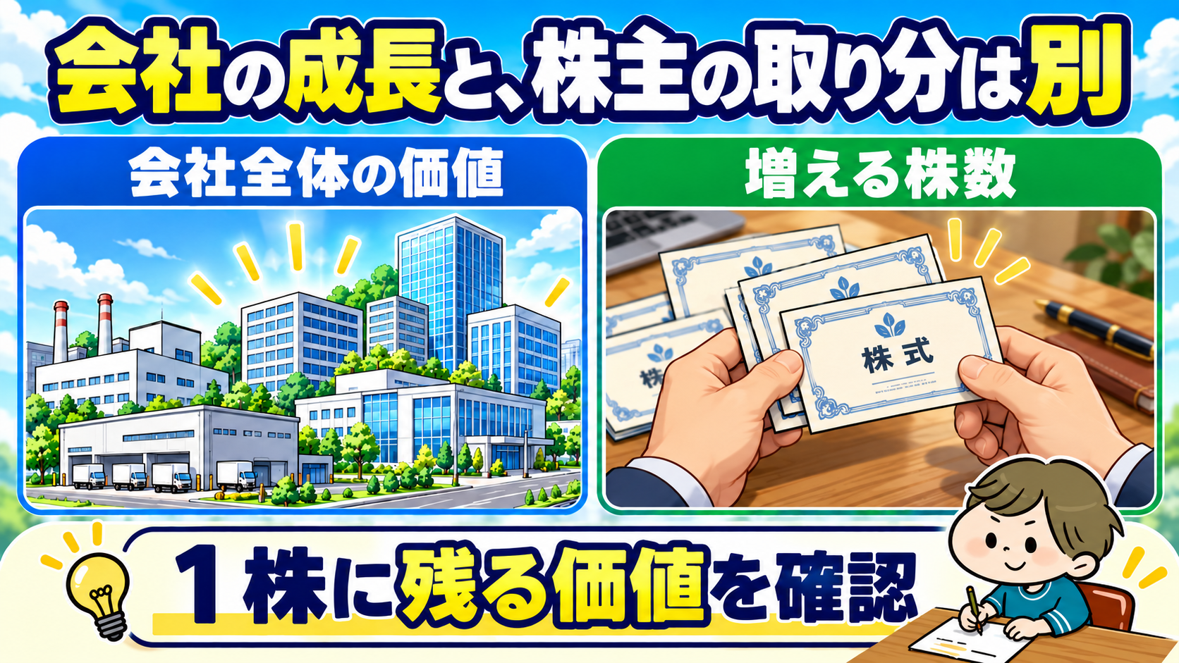 会社全体の価値と株数の増加を分け、1株に残る価値を確認する図