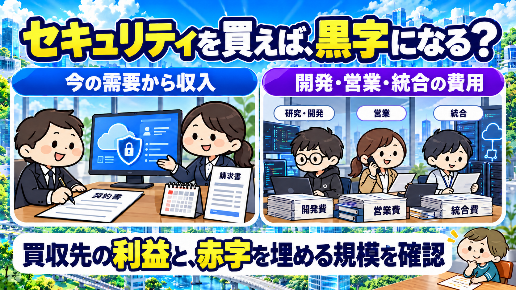 セキュリティ買収による収入経路と開発・営業・統合の費用を確認する図