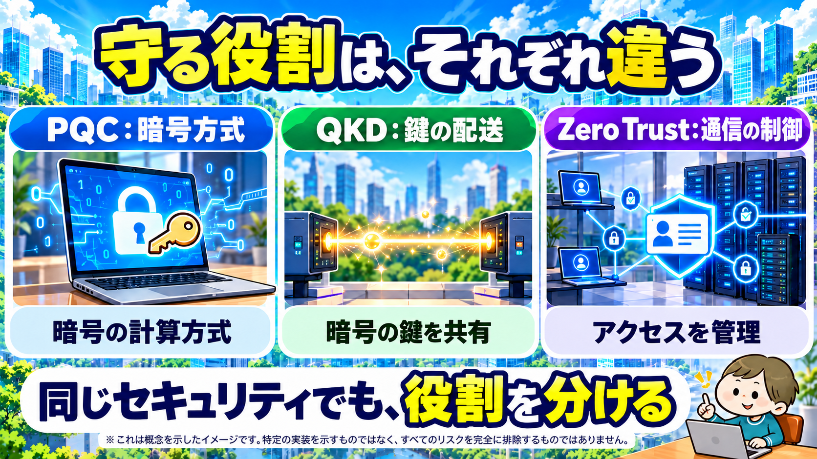 PQCの暗号方式、QKDの鍵の共有、Zero Trustのアクセス管理を区別する図