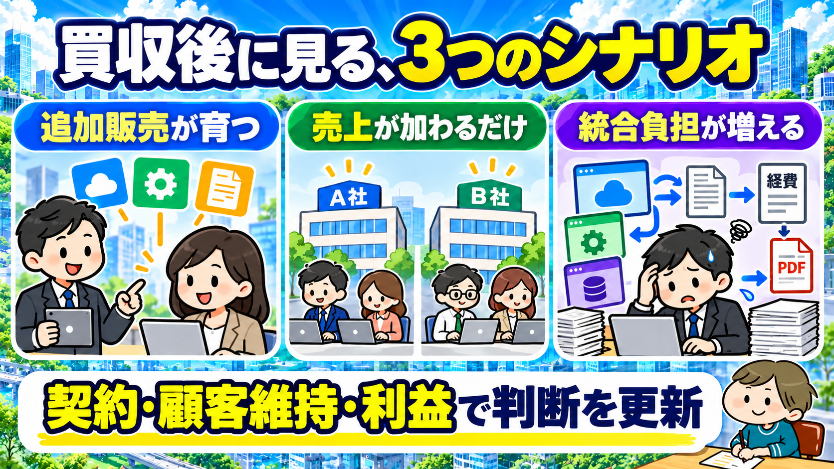 買収後の追加販売、単なる売上連結、統合負担の3シナリオを示す図