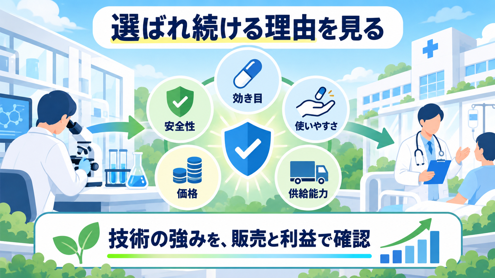 医療製品が選ばれる効き目・安全性・使いやすさ・価格・供給能力