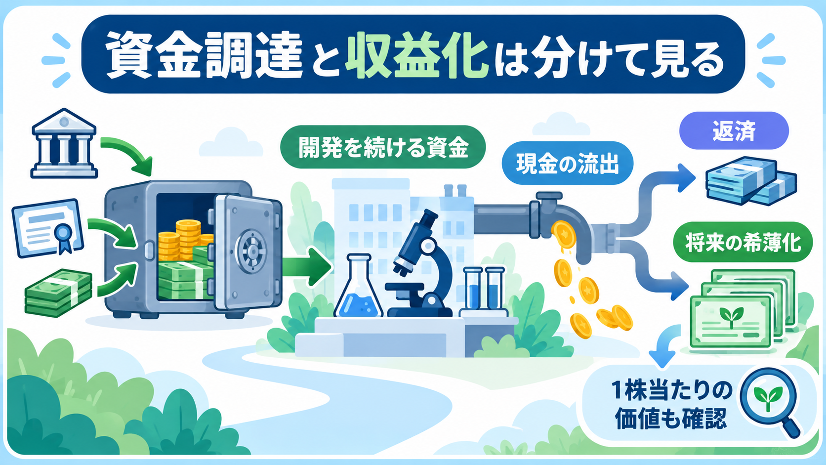 開発資金の確保と現金流出、返済・将来の希薄化を確認する図