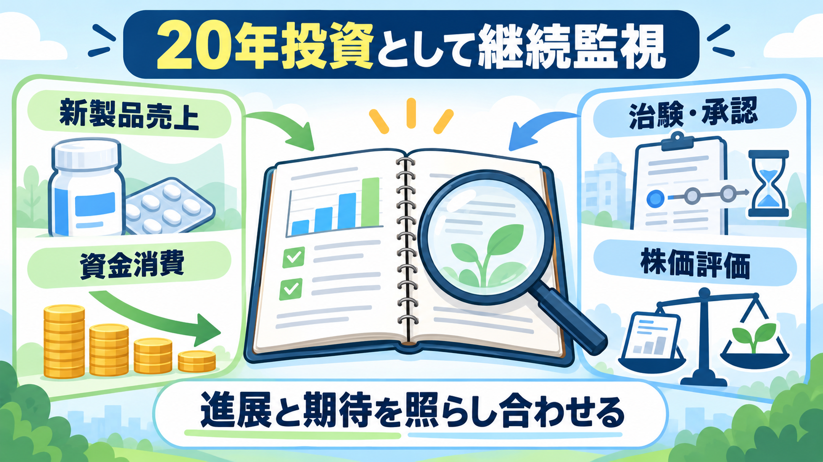 Modernaの新製品売上・治験承認・資金消費・株価評価を継続監視する図