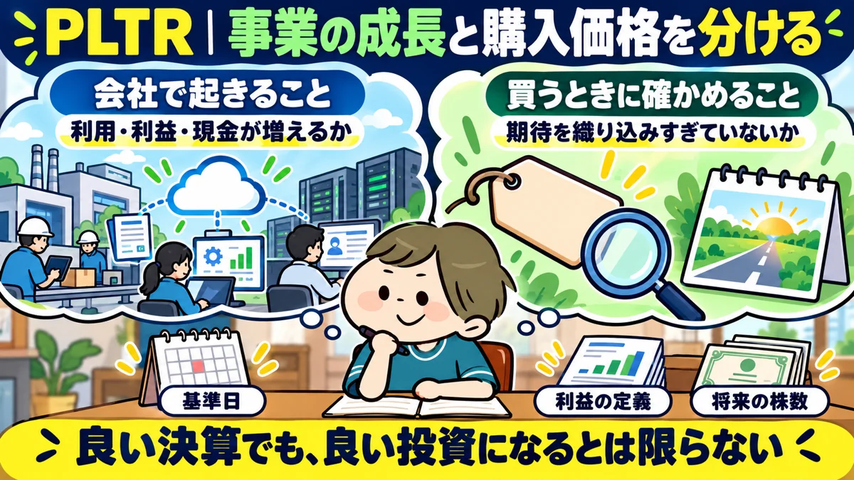 PLTRの事業成長と購入価格を分け、利益の定義と将来株数を確認する図