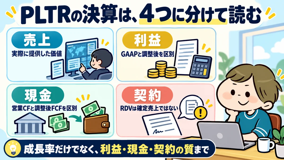 PLTRの決算を売上・利益・現金・契約の4つに分け、GAAPと調整後指標、RDVの条件を区別する図