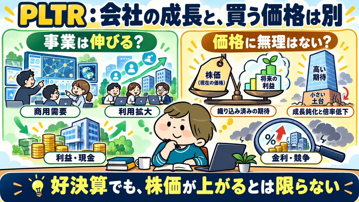 PLTRの事業成長と購入価格を分け、商用需要・利用拡大・利益と現金、織り込まれた期待・倍率低下・金利と競争を比較する図解