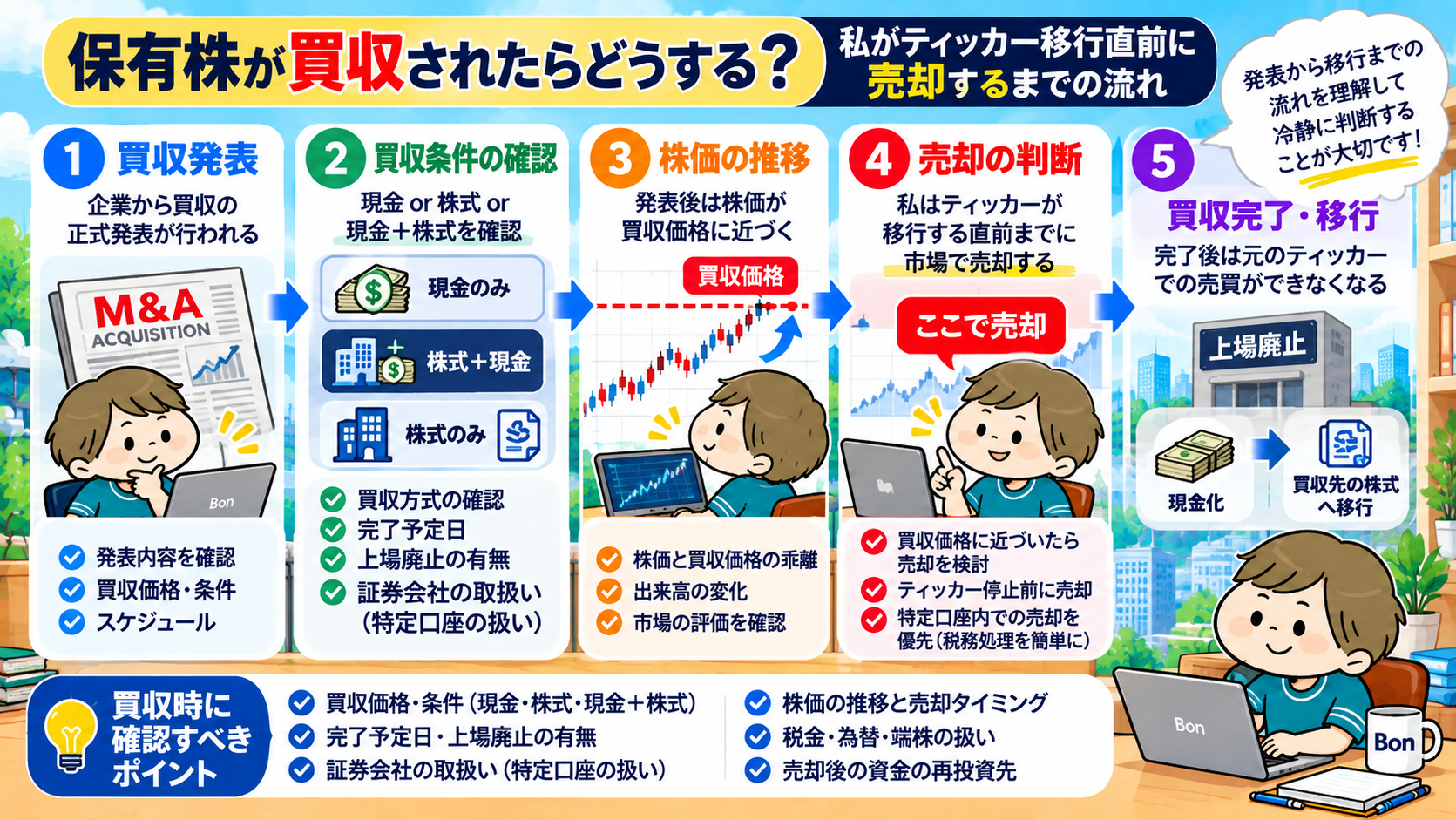 保有株の買収発表から条件確認・株価推移・ティッカー移行直前の売却までの流れ