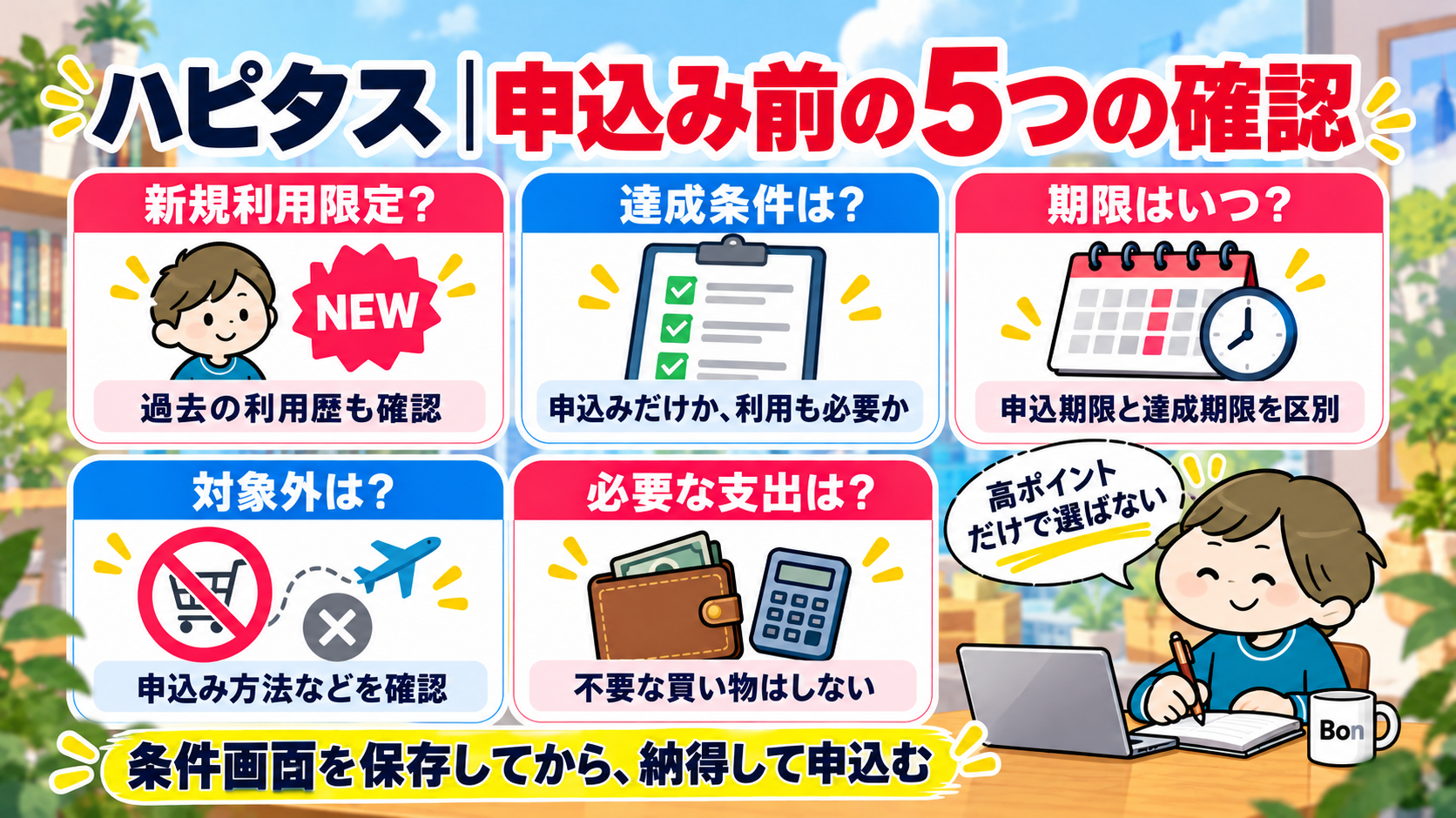新規利用の条件、達成条件、期限、対象外条件、必要な支出を申込み前に確認する