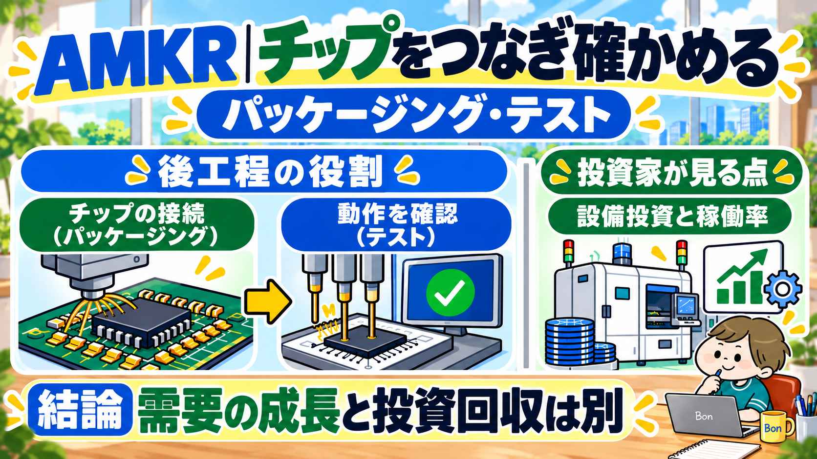 AMKRの後工程の役割と設備投資稼働率の投資判断を分けた図